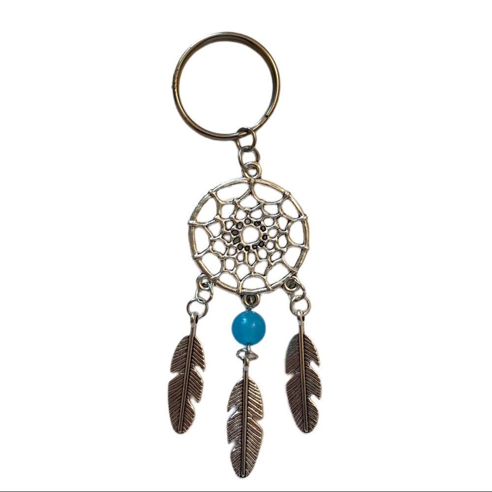 silver dream catcher keychain with blue turquoise bead